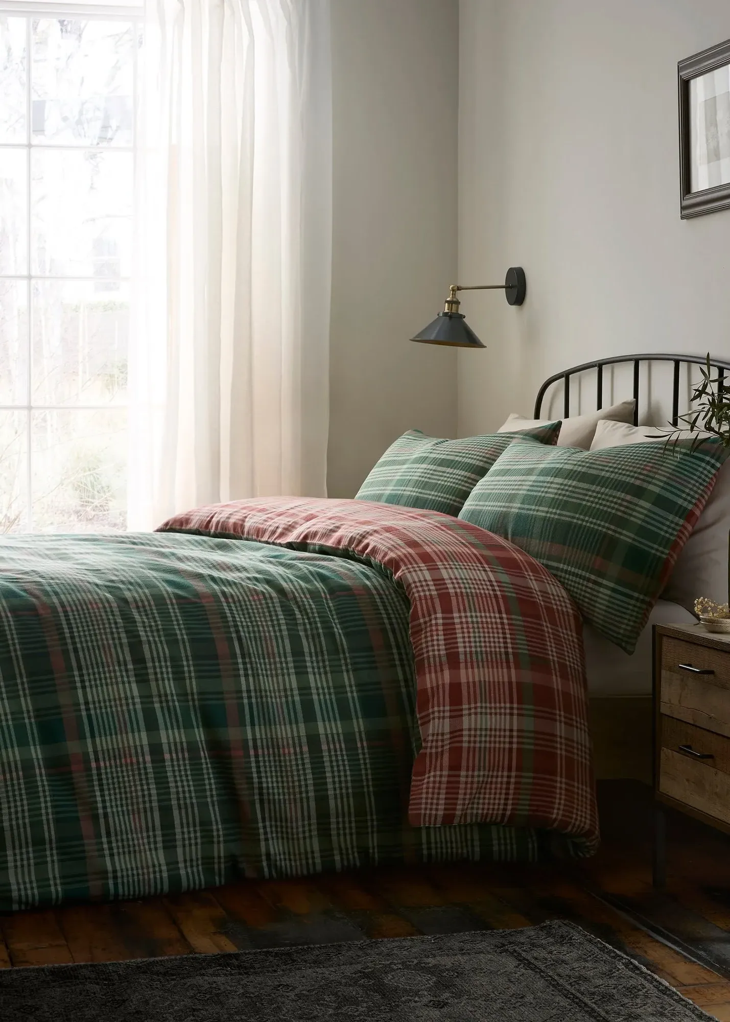 Bennet Check Single Duvet Cover Set - Green, Brushed Cotton product