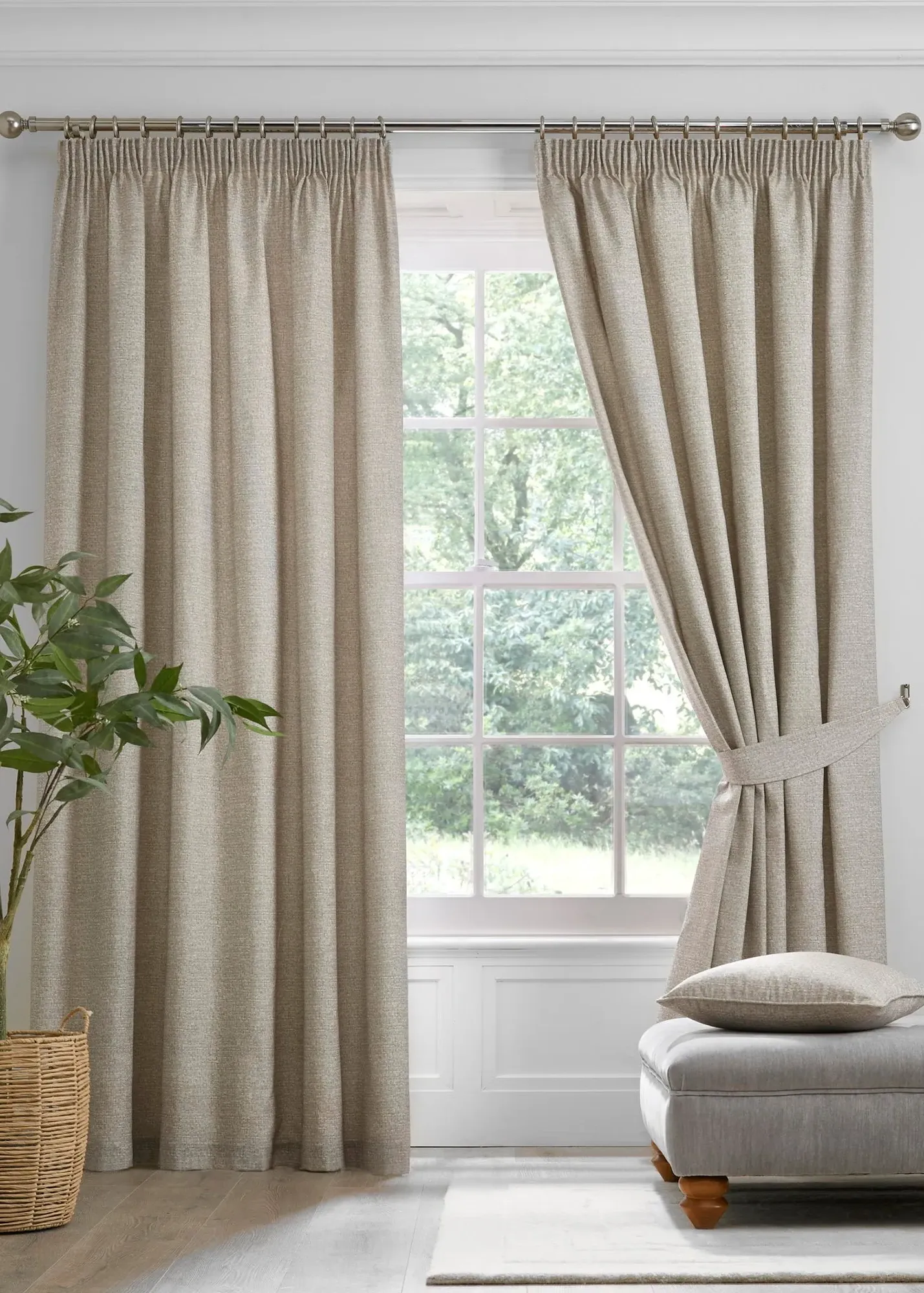 Pembrey Pencil Pleat Curtains with Tie-Backs - Natural, Brushed Cotton product