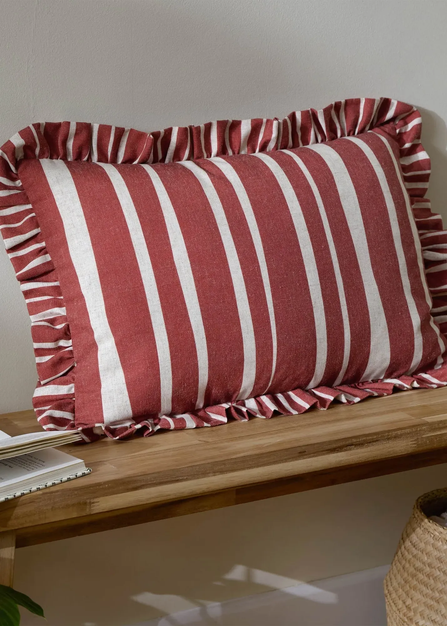 Carmon Stripe Ruffle Cushion - Red, Polyester product