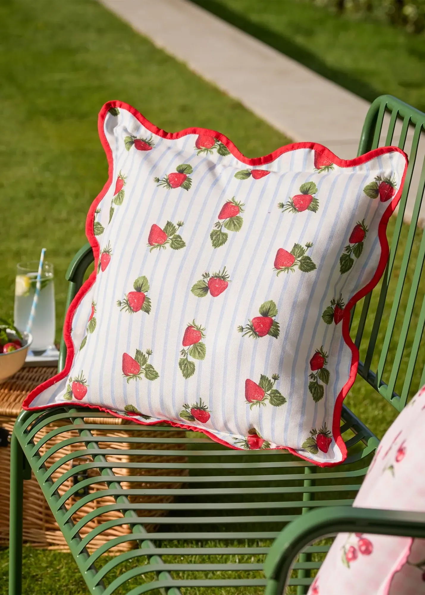 Fruits Strawberries Striped Outdoor Cushion - Blue, Polyester product