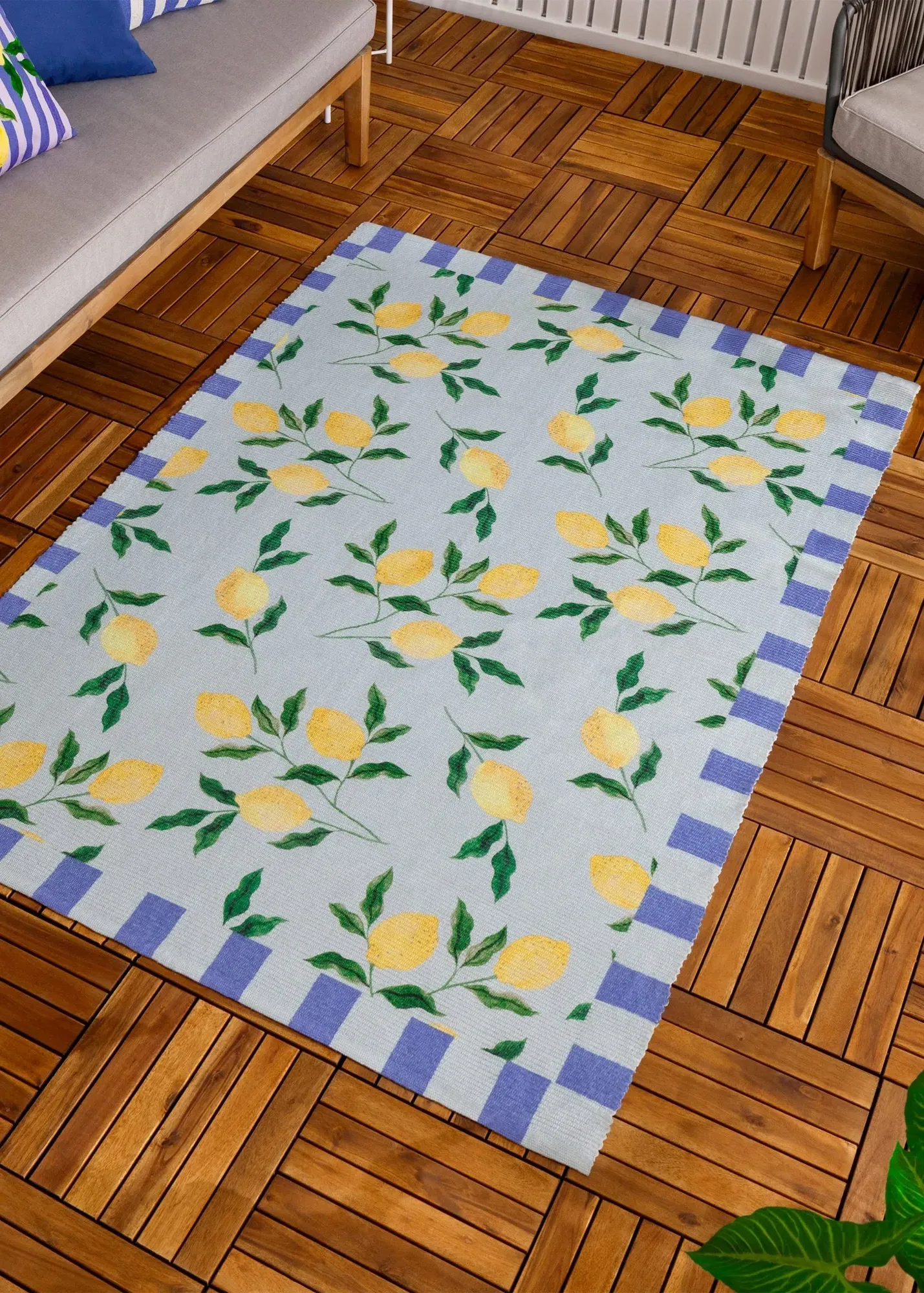 Lemons Printed Indoor/Outdoor Rug - Blue, Polyester product