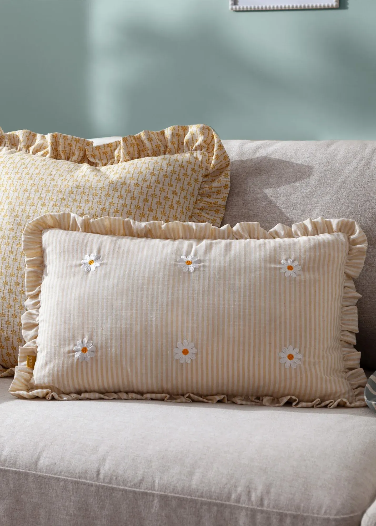 Les Fleurs Embroidered Ruffle Cushion - Yellow, Polyester product