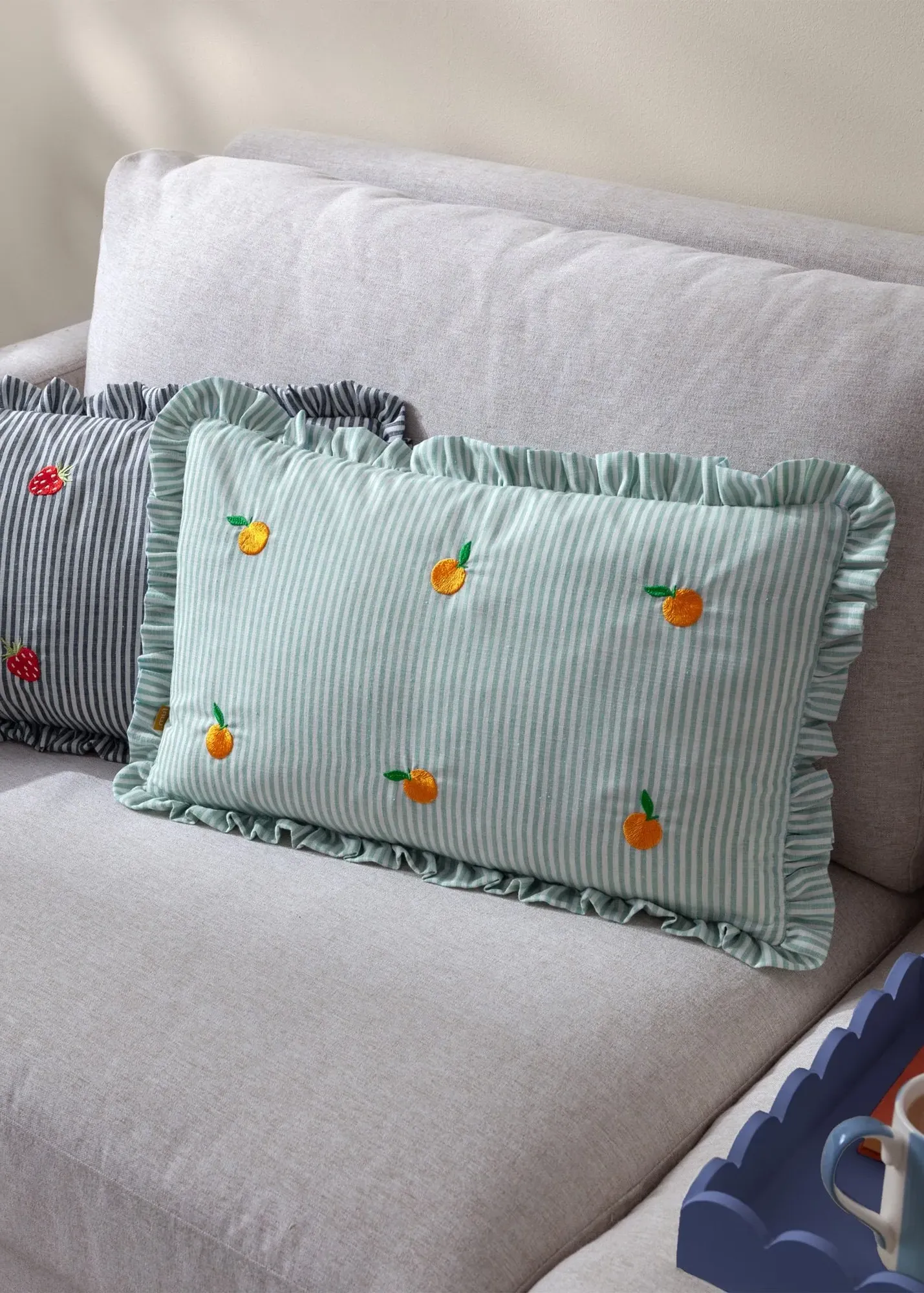 Les Fruites Embroidered Ruffle Cushion - Orange product