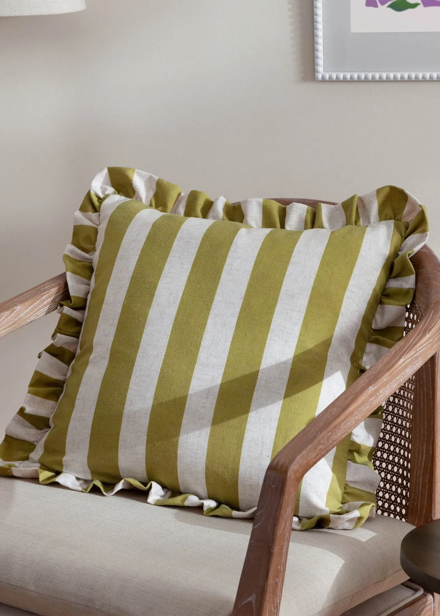 Linen Stripe Printed Ruffle Cushion - Green, Polyester product