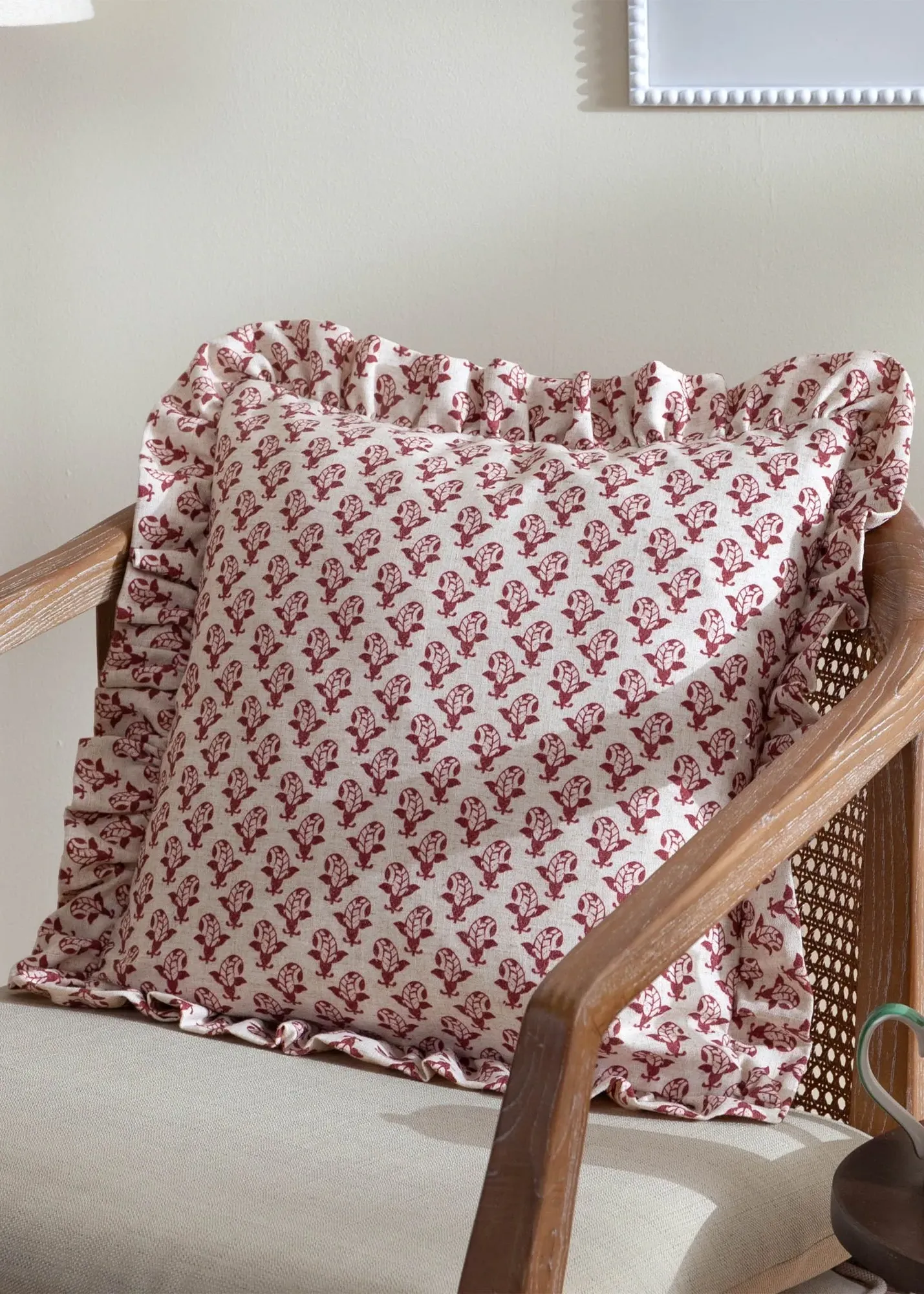 Lulah Block Printed Ruffle Cushion - Red, Polyester product