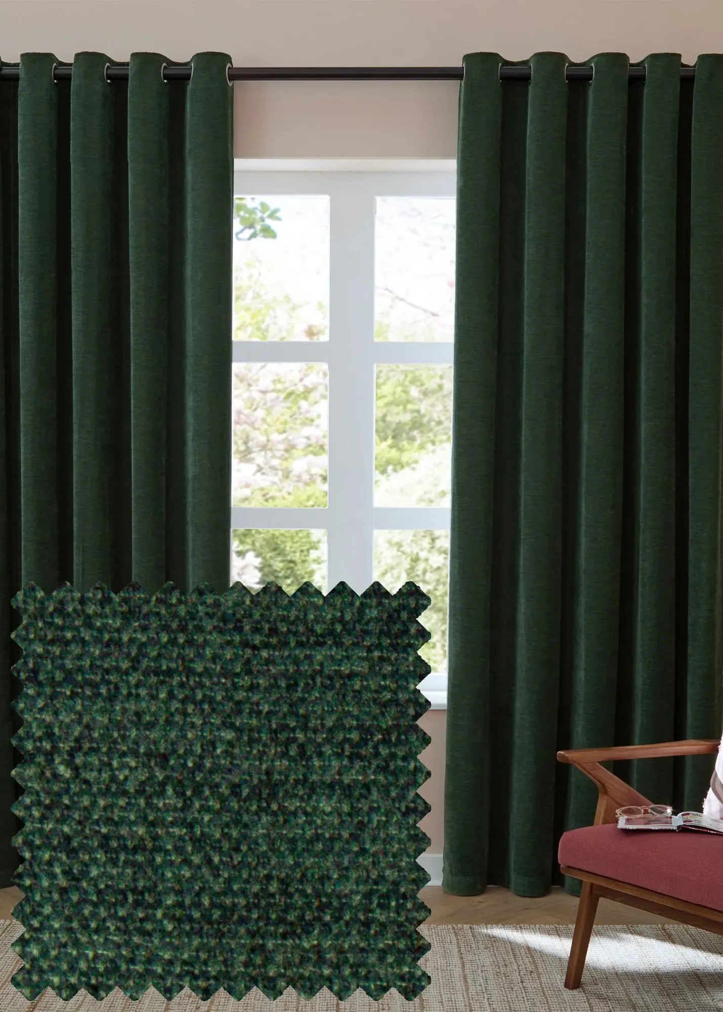 Soft Chenille Blackout Eyelet Curtain Pair - Bottle Green, Polyester product