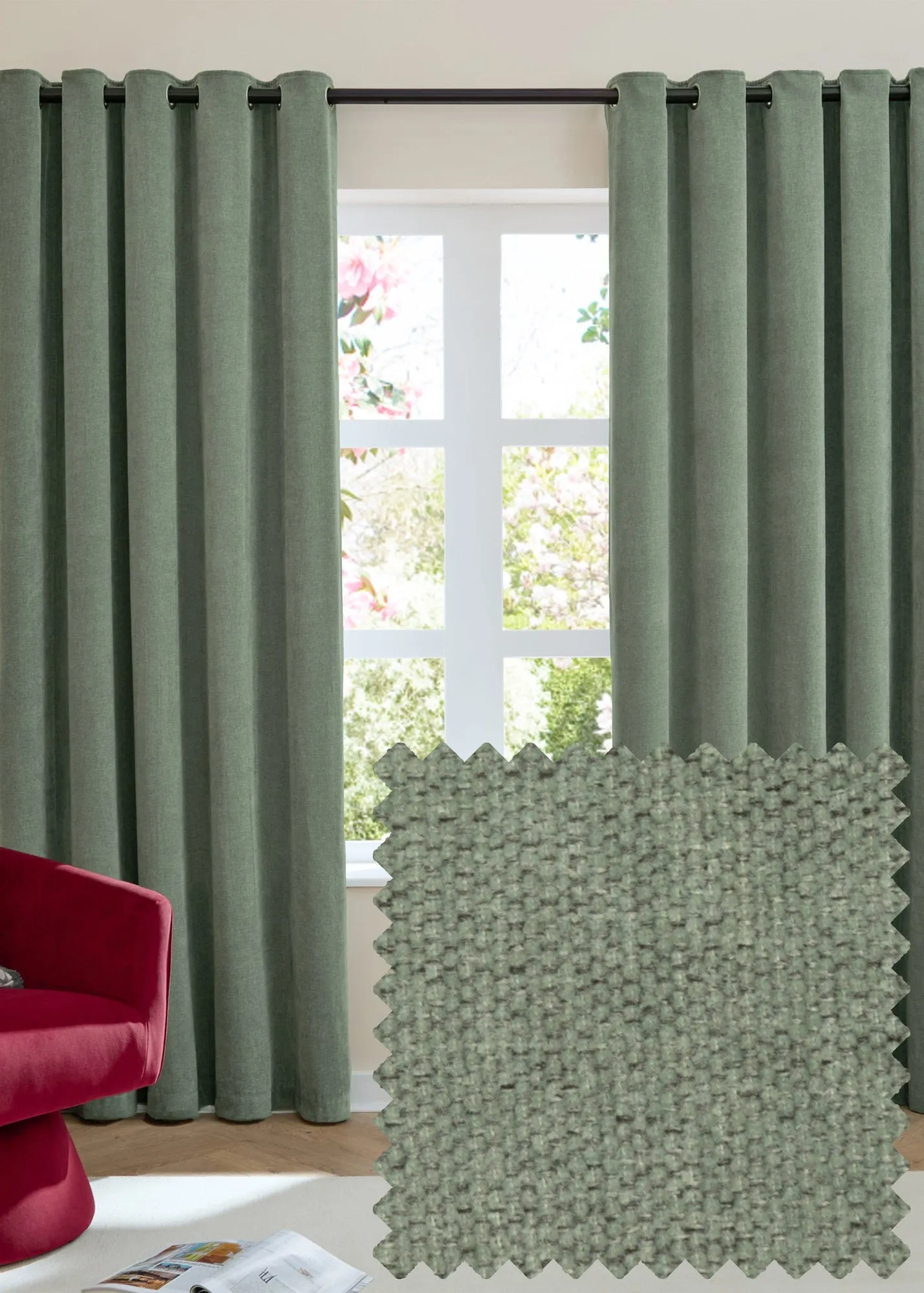 Soft Chenille Blackout Eyelet Curtain Pair - Green, Polyester product