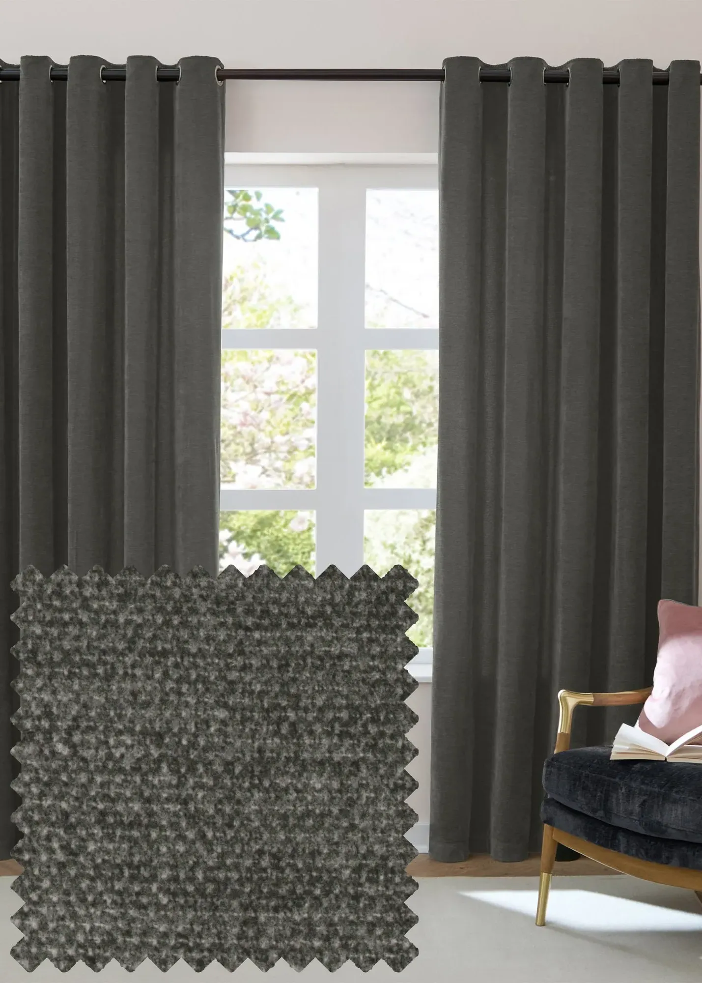 Soft Chenille Blackout Eyelet Curtain Pair - Grey, Polyester product
