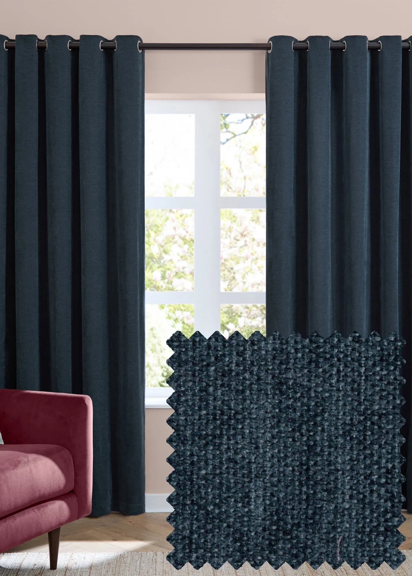 Soft Chenille Blackout Eyelet Curtain Pair - Navy, Polyester product