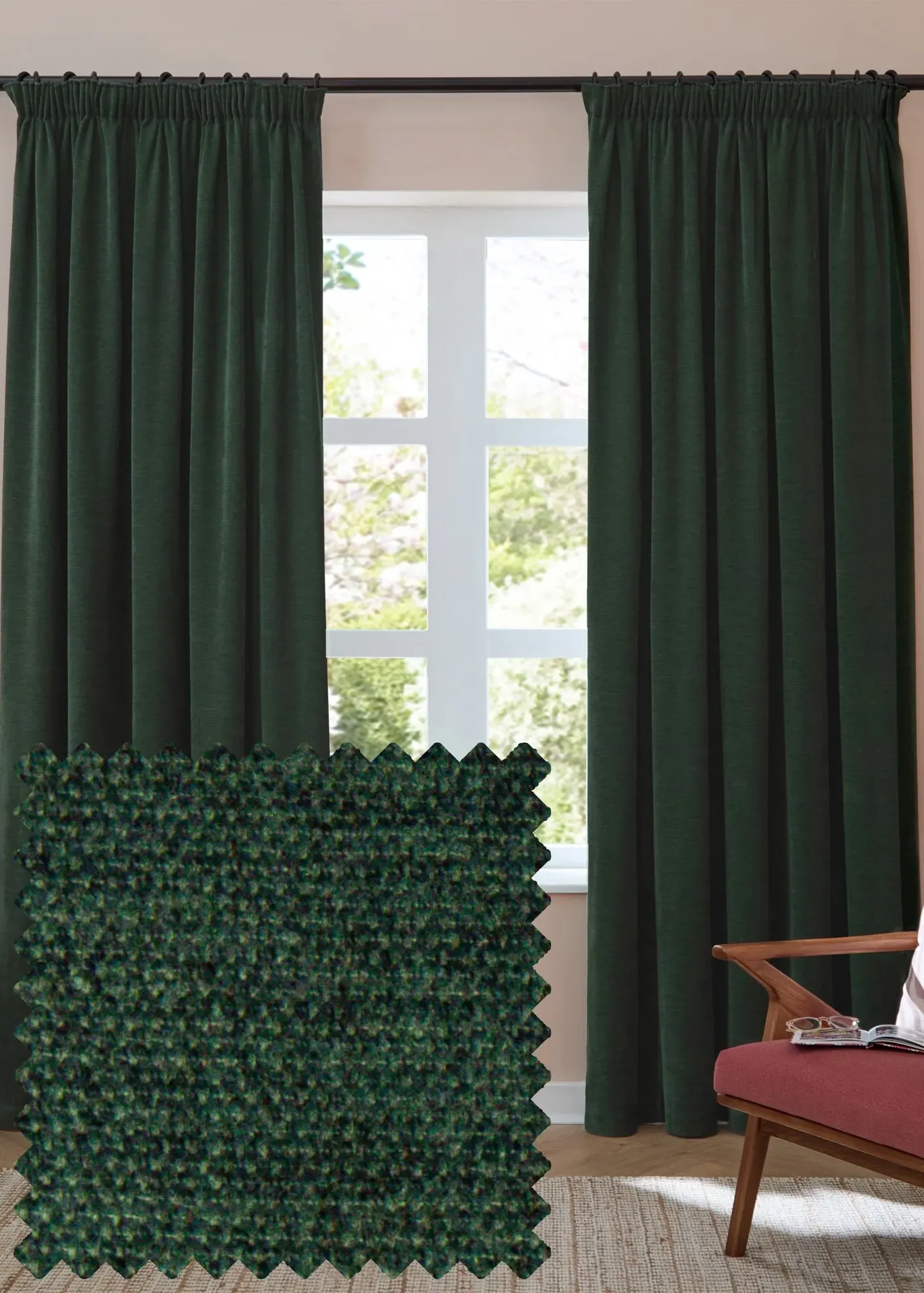 Soft Chenille Blackout Pencil Pleat Curtain Pair - Bottle Green product