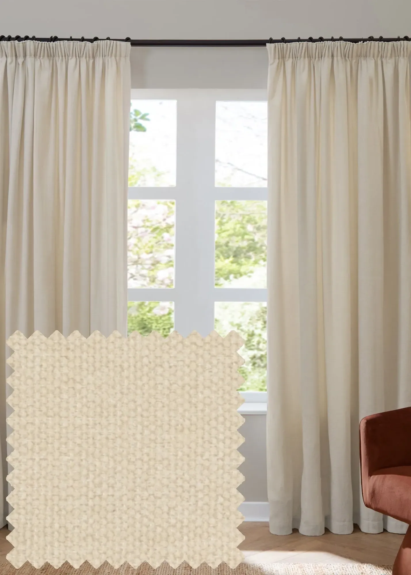 Soft Chenille Blackout Pencil Pleat Curtain Pair - Cream product