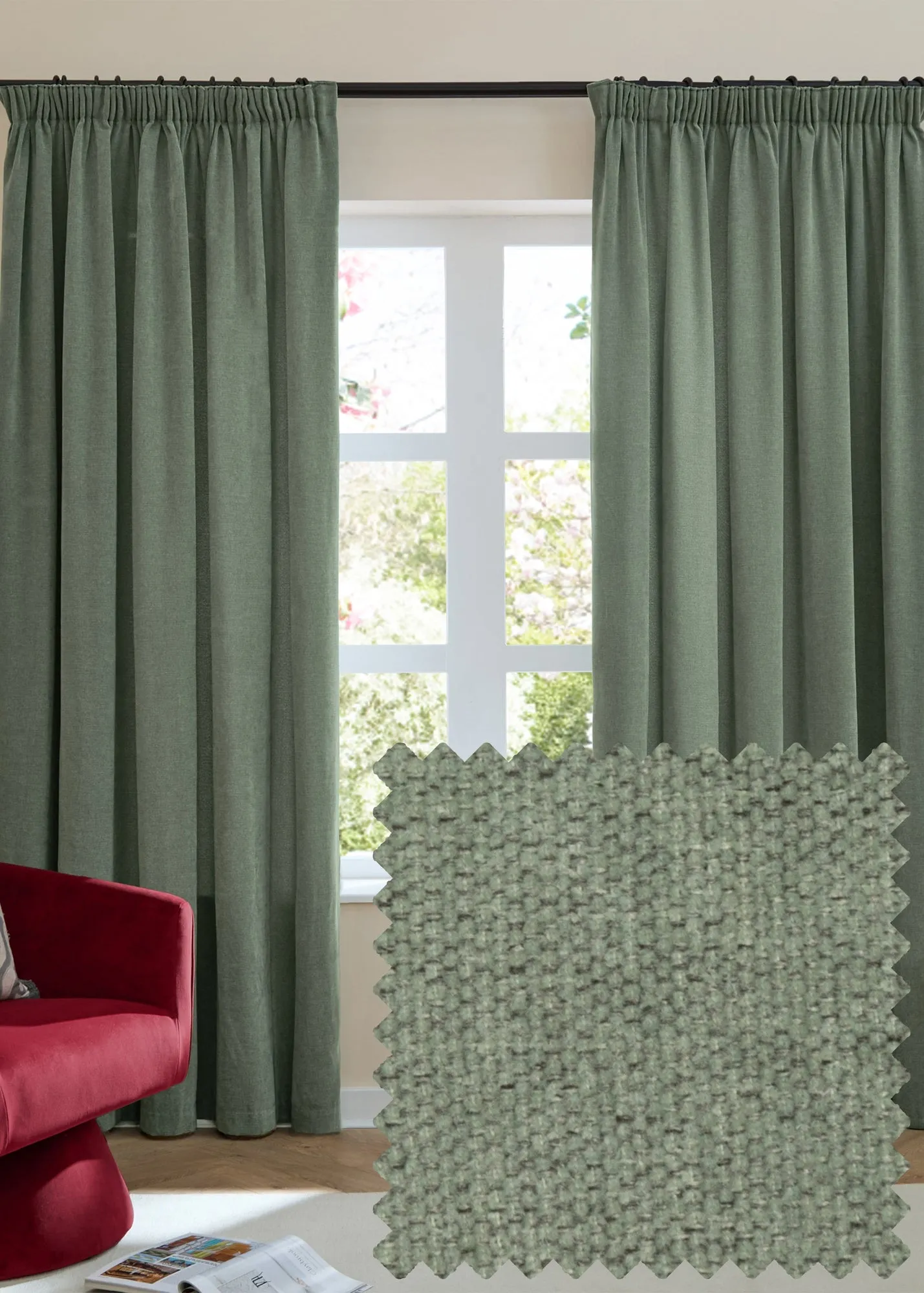 Soft Chenille Blackout Pencil Pleat Curtain Pair - Green product