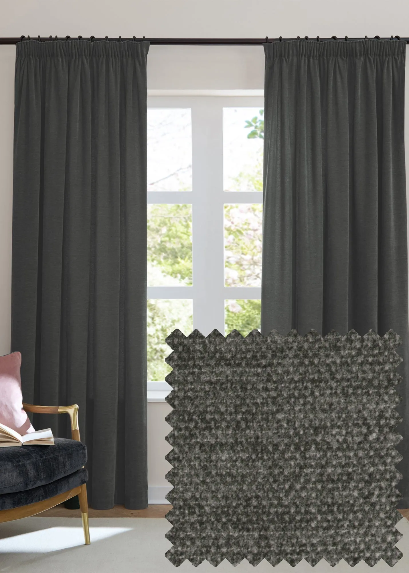 Soft Chenille Blackout Pencil Pleat Curtain Pair - Grey product