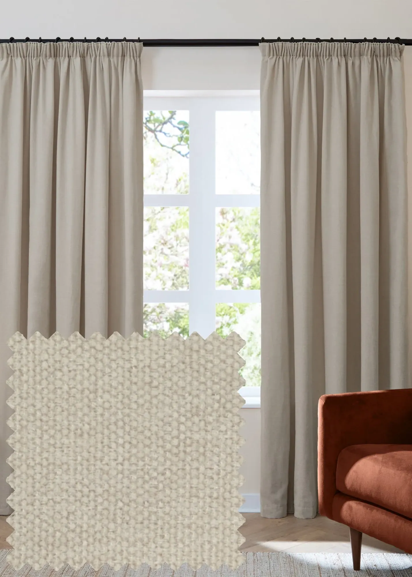 Soft Chenille Blackout Pencil Pleat Curtain Pair - Natural, Polyester product