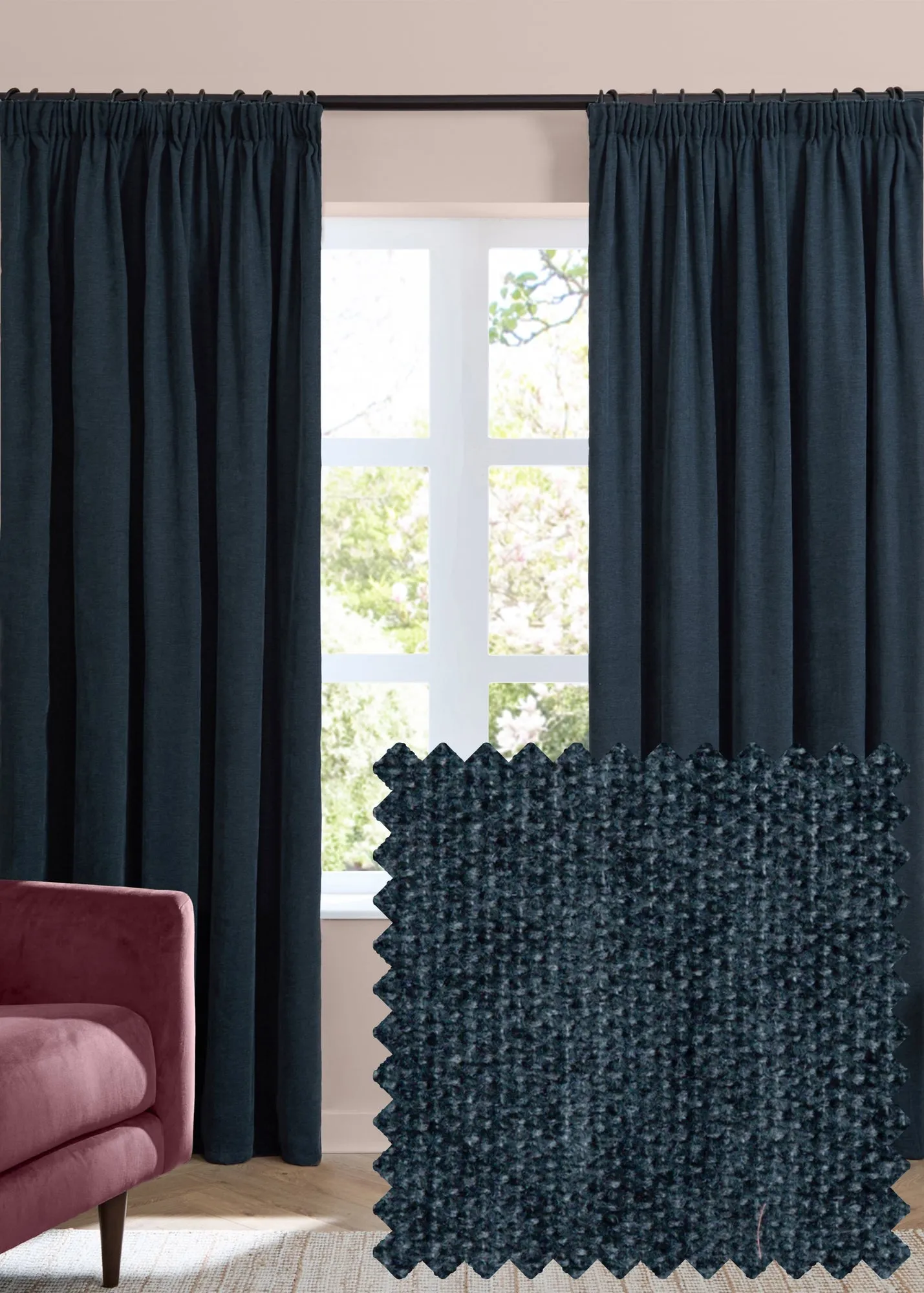 Soft Chenille Blackout Pencil Pleat Curtain Pair - Navy product