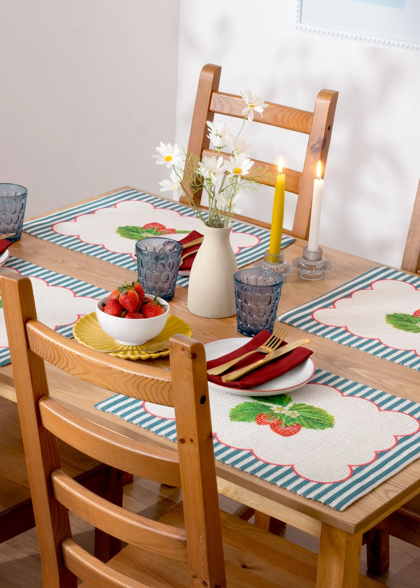 Strawberry Stripes Set of 4 Table Placemats - Blue, Polyester product