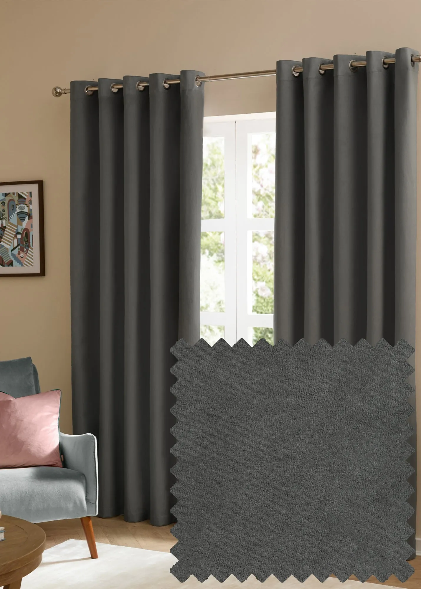 The Ultimate Velvet Blackout Eyelet Curtain Pair - Grey, Polyester product