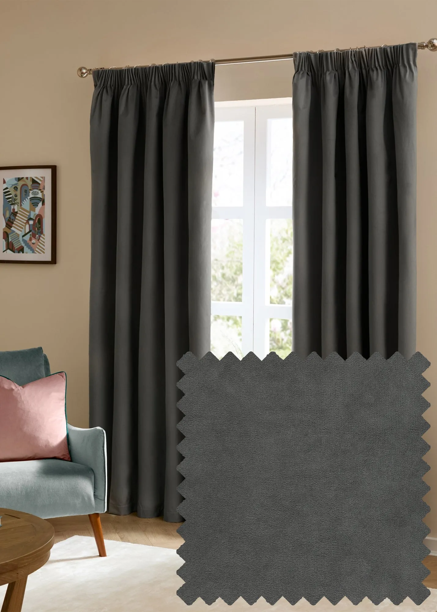 The Ultimate Velvet Blackout Pencil Pleat Curtain Pair - Grey, Polyester product