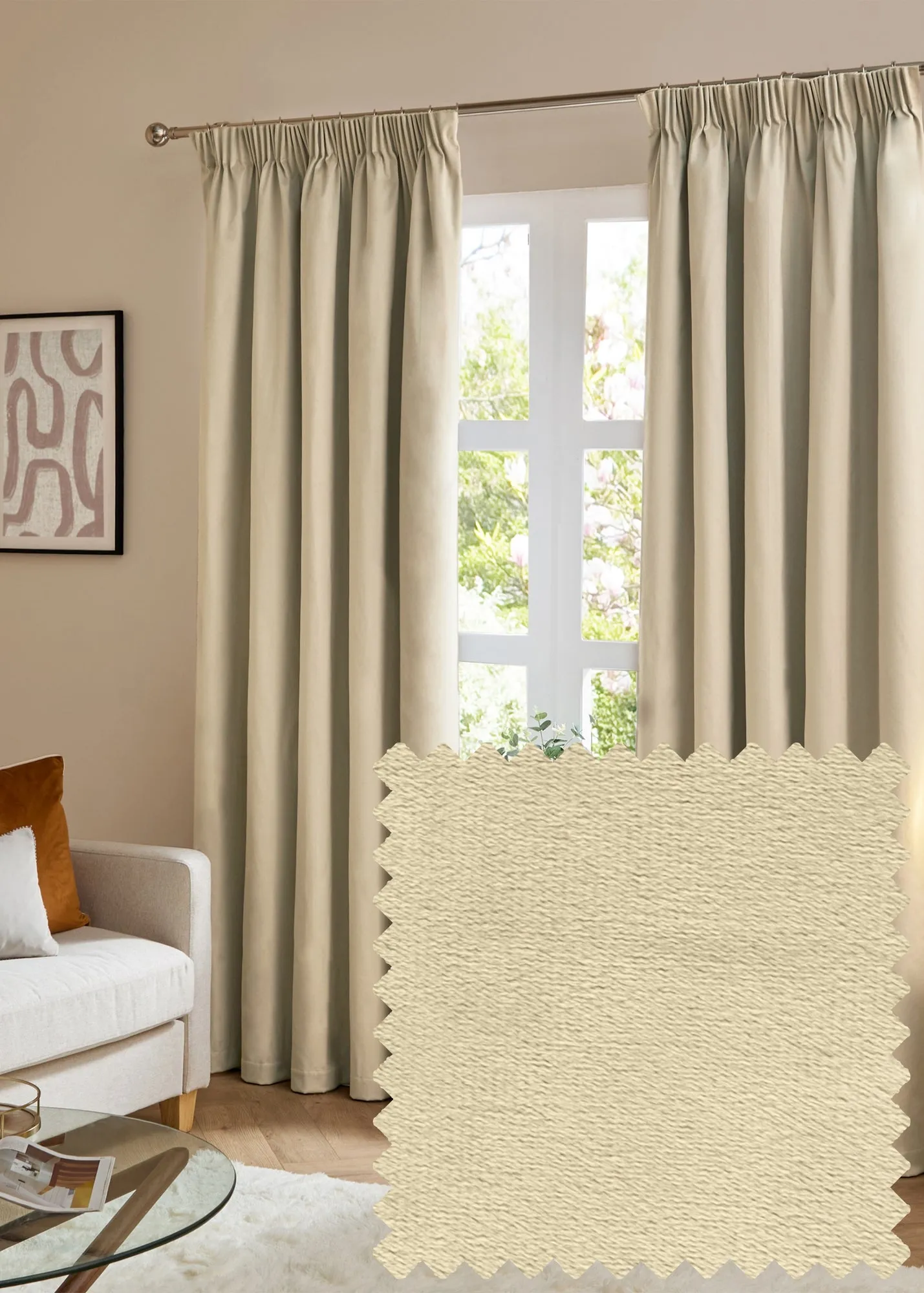 The Ultimate Velvet Pencil Pleat Curtain Pair Room Darkening - Natural, Polyester product