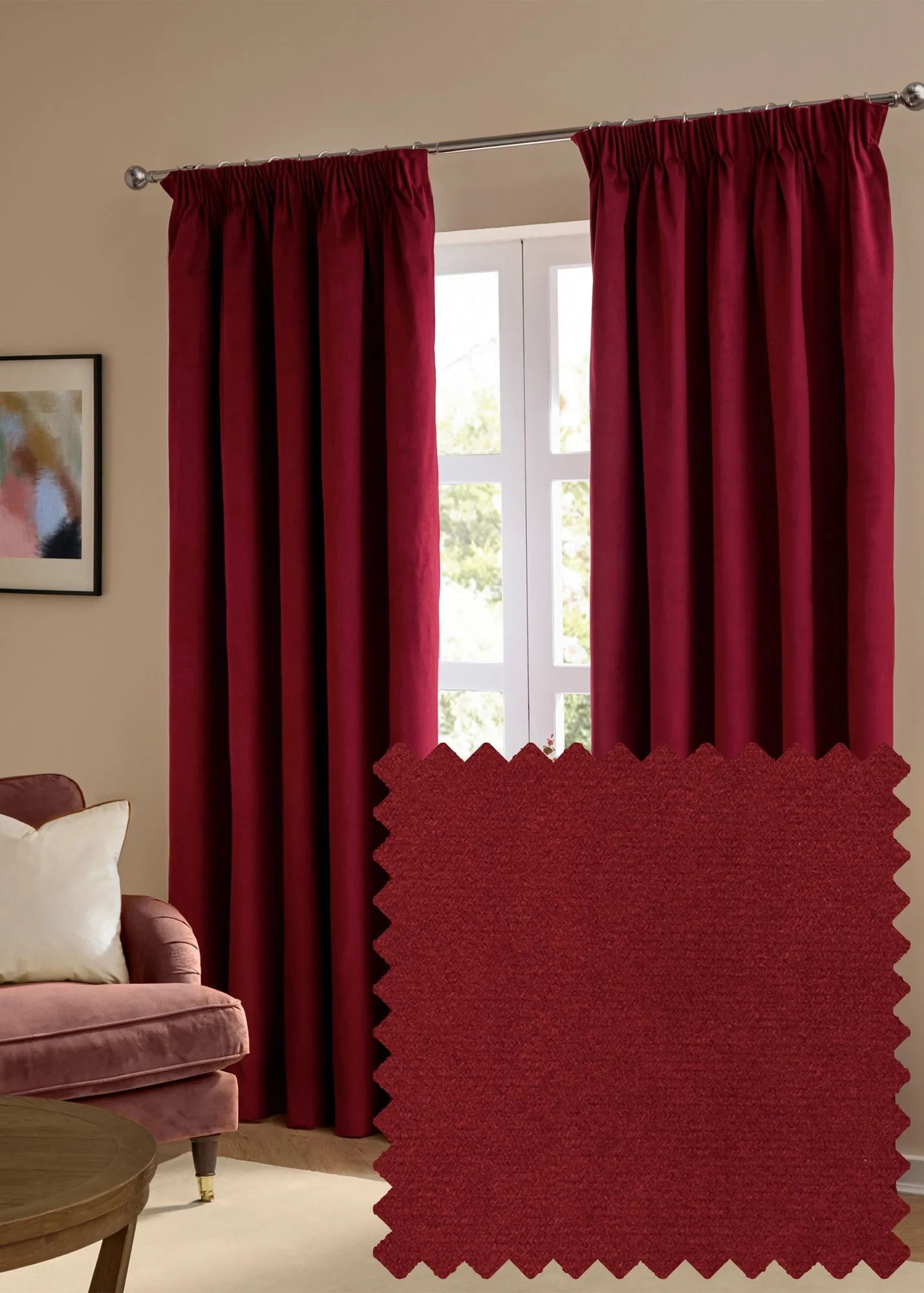 The Ultimate Velvet Room Darkening Pencil Pleat Curtain Pair - Burgundy, Polyester product