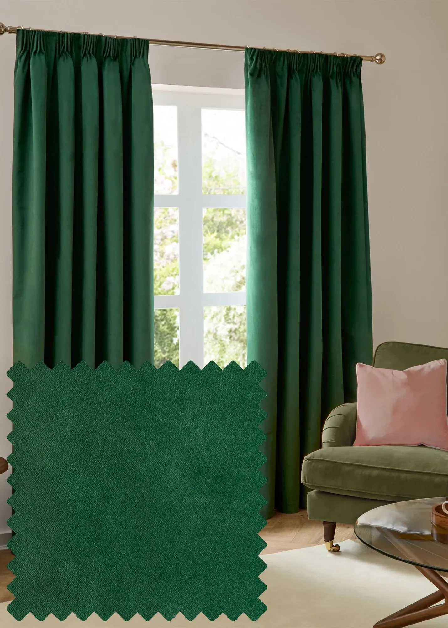 The Ultimate Velvet Room Darkening Pencil Pleat Curtain Pair - Green product