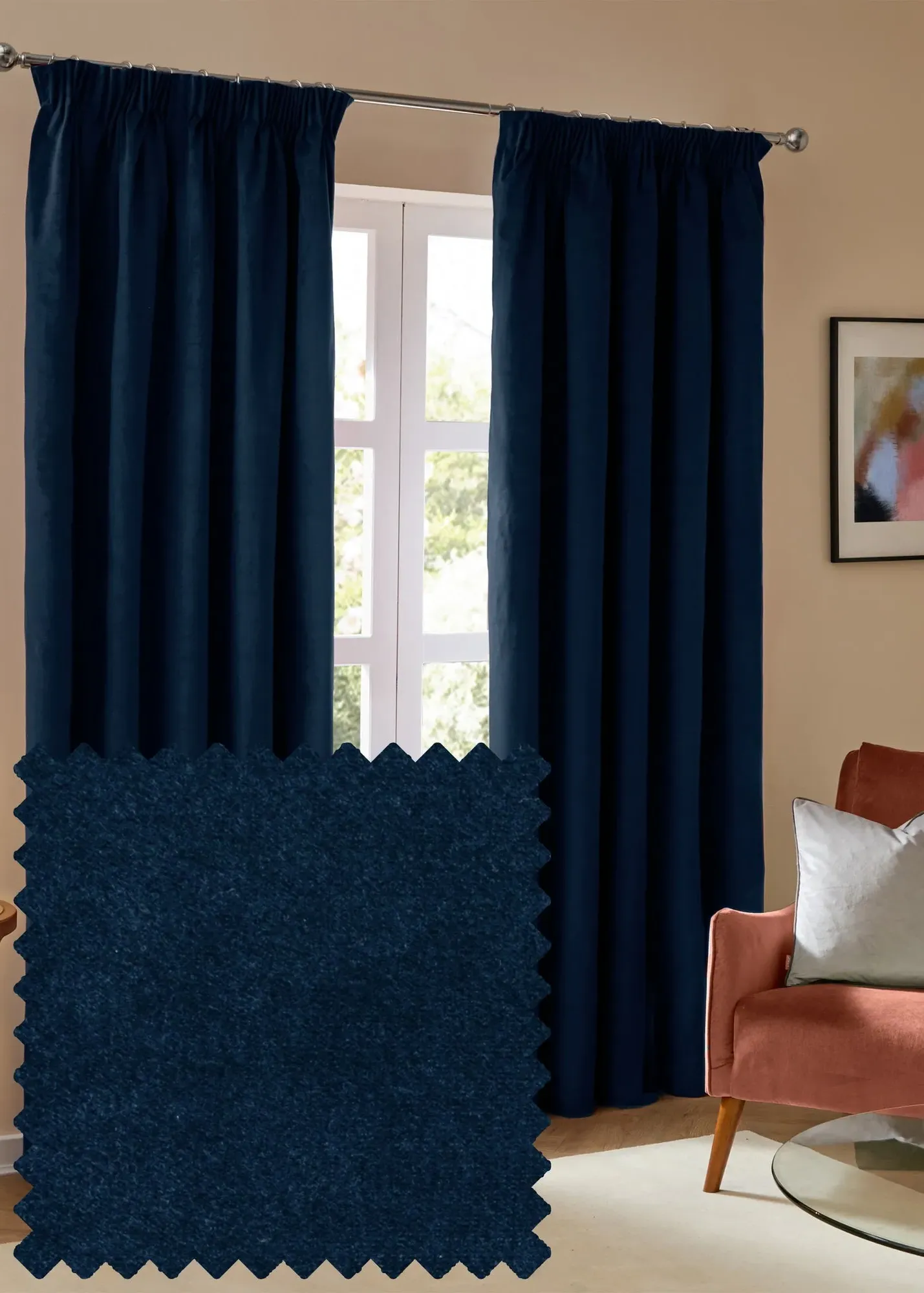 Velvet Blackout Pencil Pleat Curtain Pair - Royal Blue, Polyester product