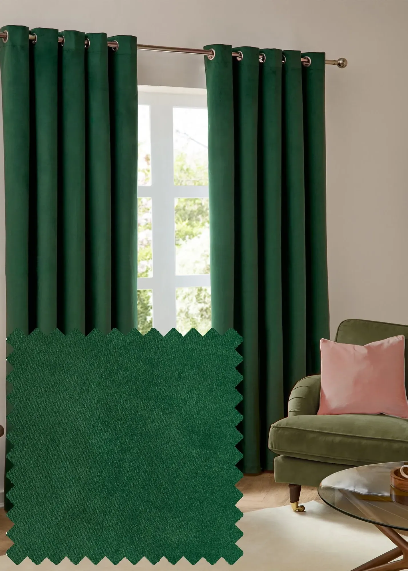 Velvet Room Darkening Eyelet Curtain Pair - Green, Polyester product