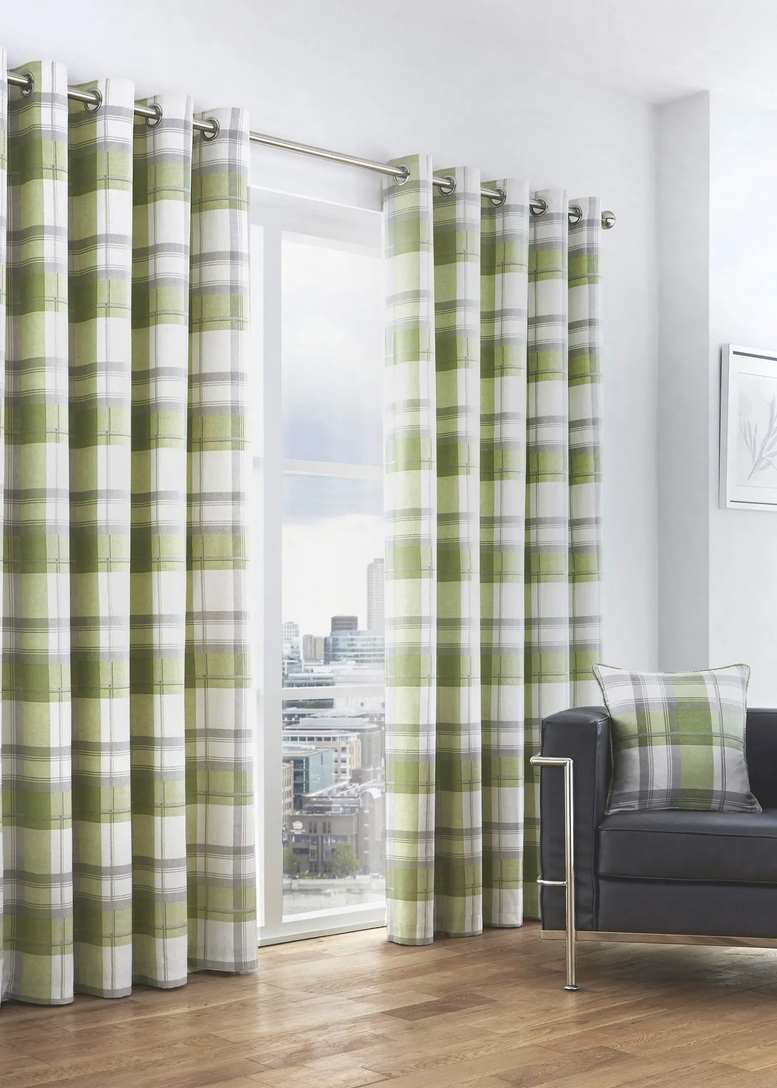 Balmoral Check Eyelet Curtains 46x54" - Green, Cotton product