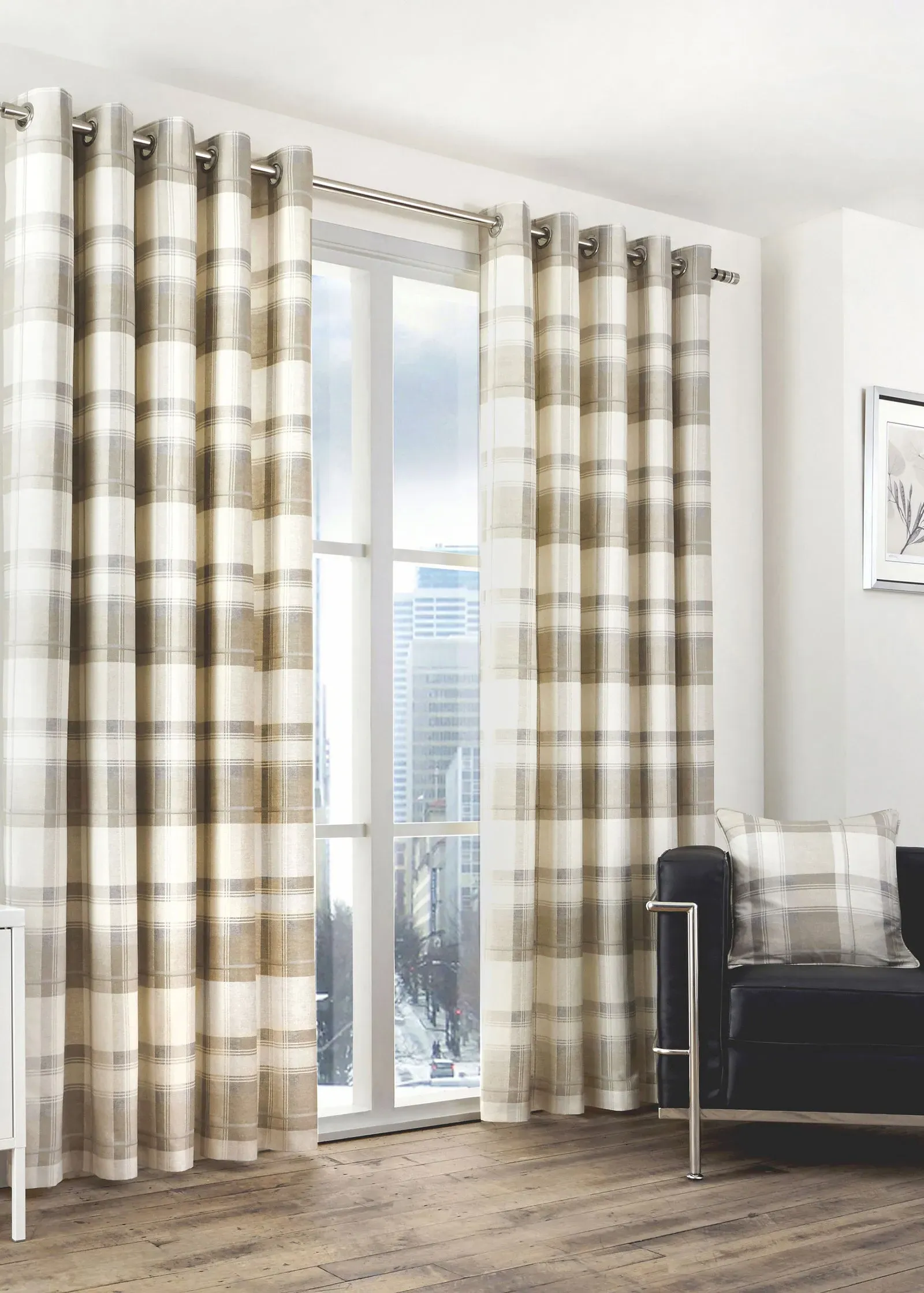 Balmoral Check Eyelet Curtains - Natural, Cotton product