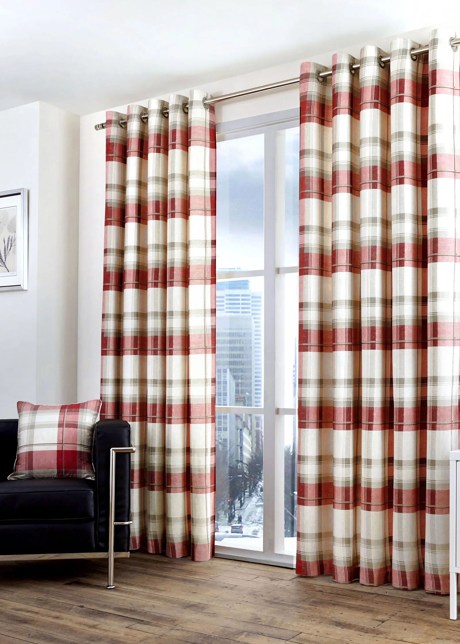 Balmoral Check Eyelet Curtains - Red, Cotton product