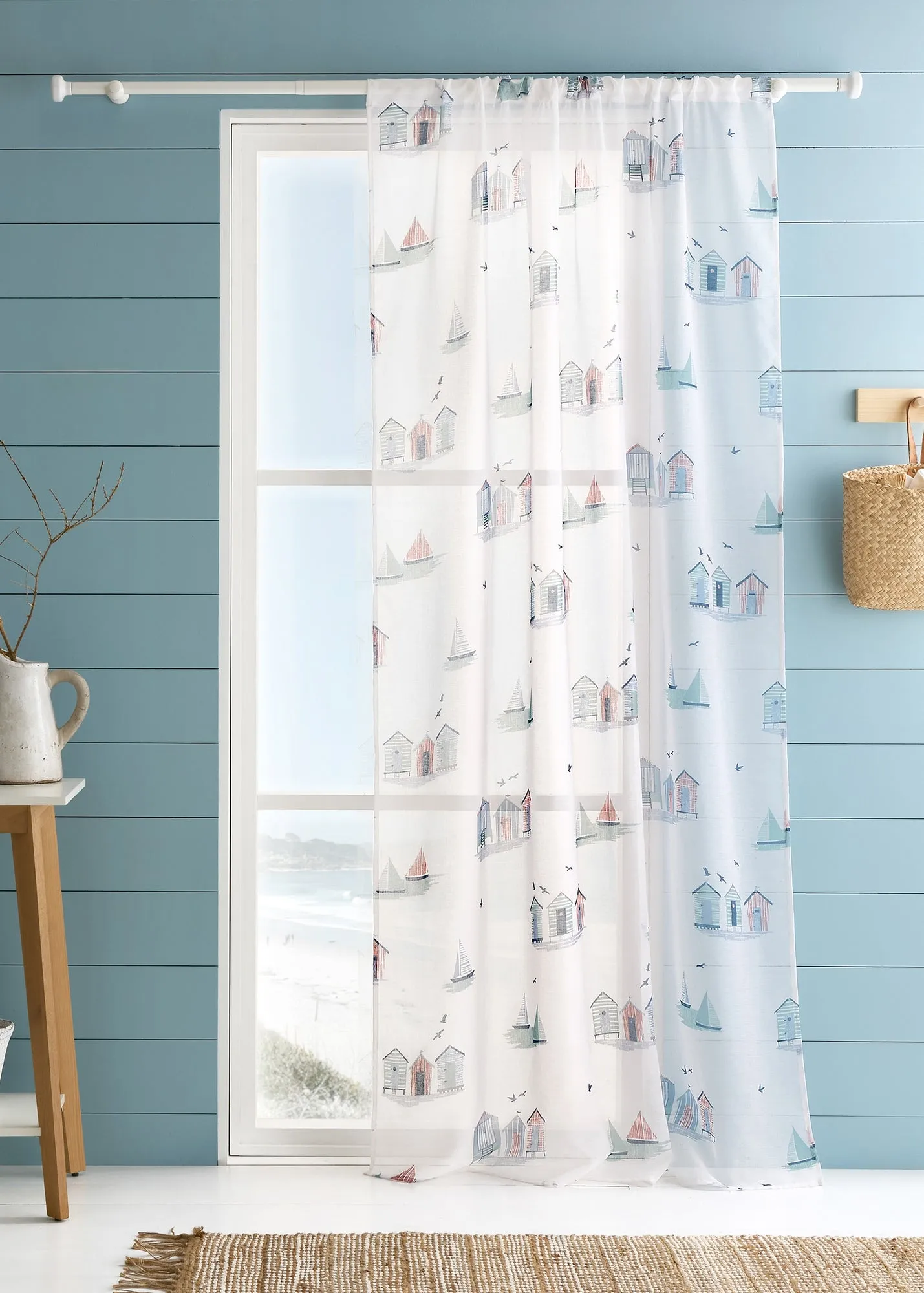Beach Huts Voile Panel 55x54" Slot Top - Blue, Polyester product