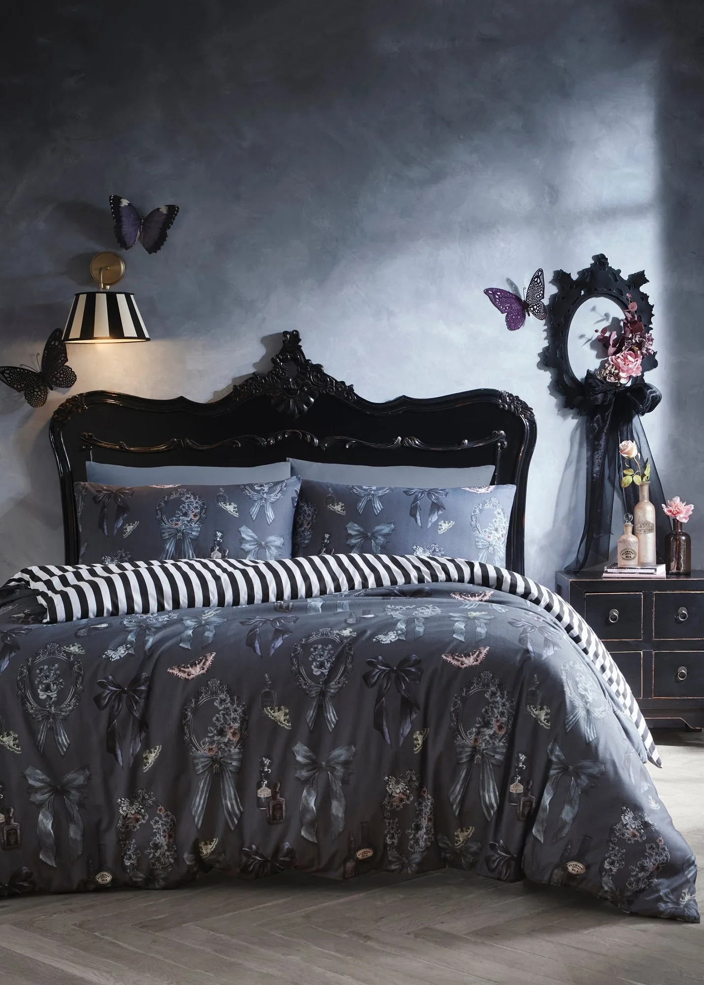 Bows Noir Double Fleece Duvet Cover Set - Grey, Polycotton product