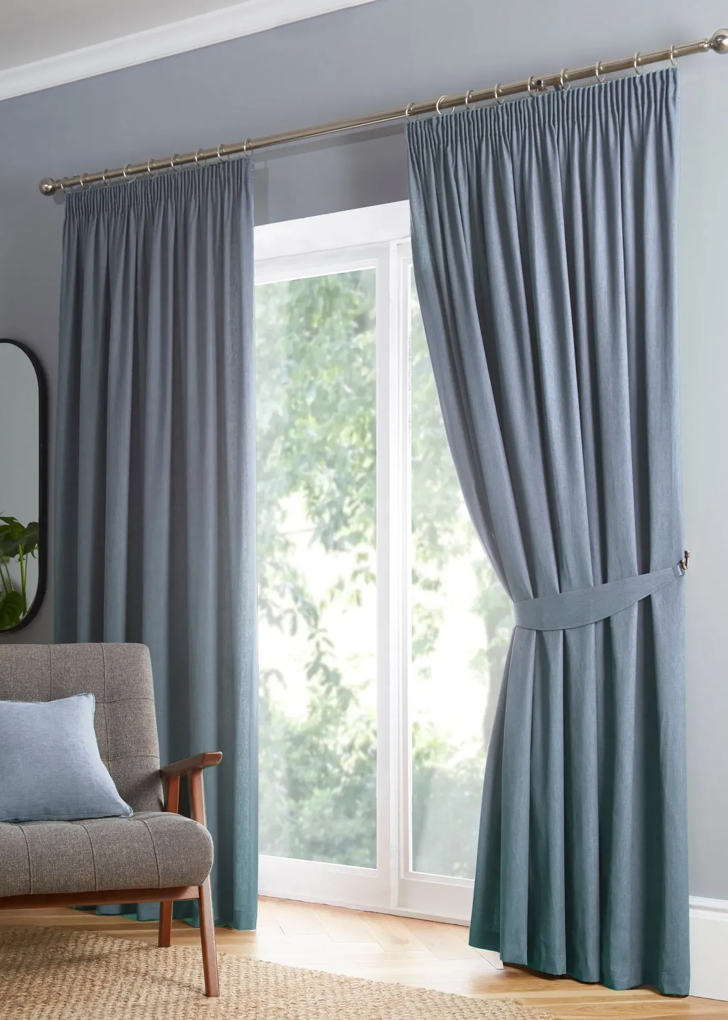 Dijon Blackout Thermal Pencil Pleat Curtains - Blue, Polyester product