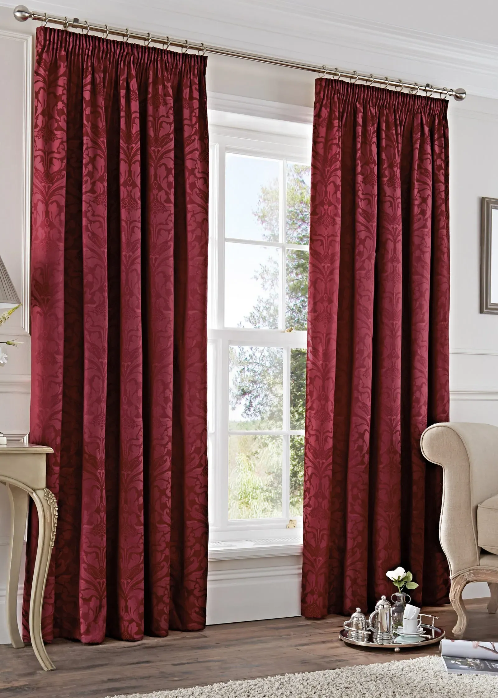 Eastbourne Jacquard Pencil Pleat Curtains - Burgundy, Cotton Blend product