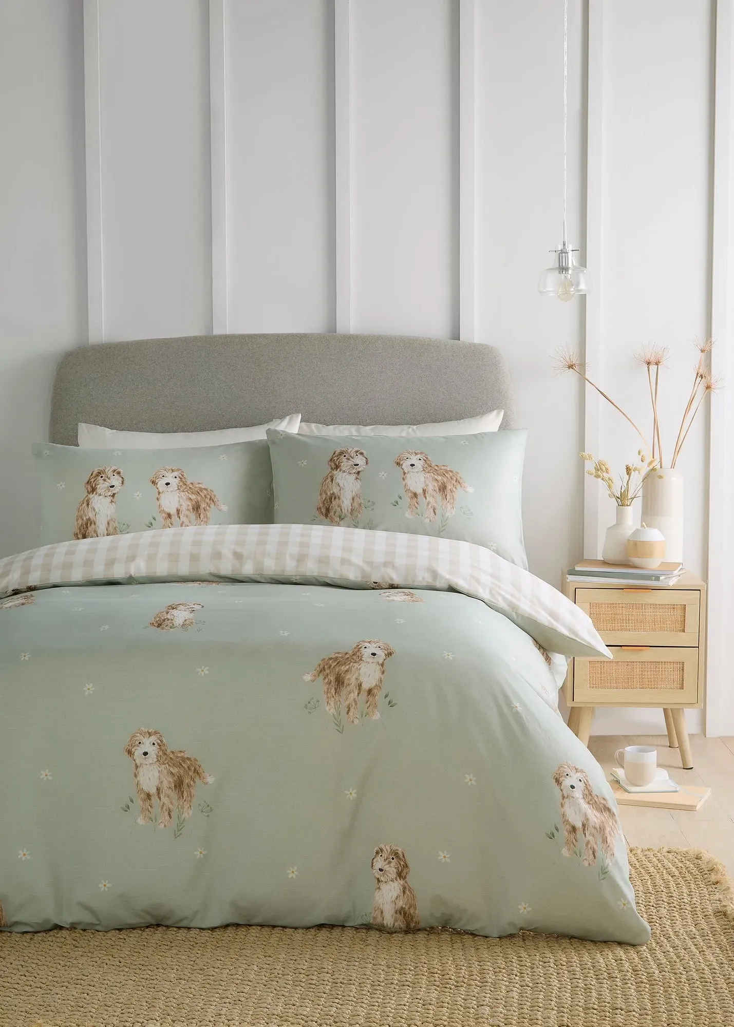 Hattie The Cockapoo Single Reversible Duvet Cover Set - Green, Polyester product