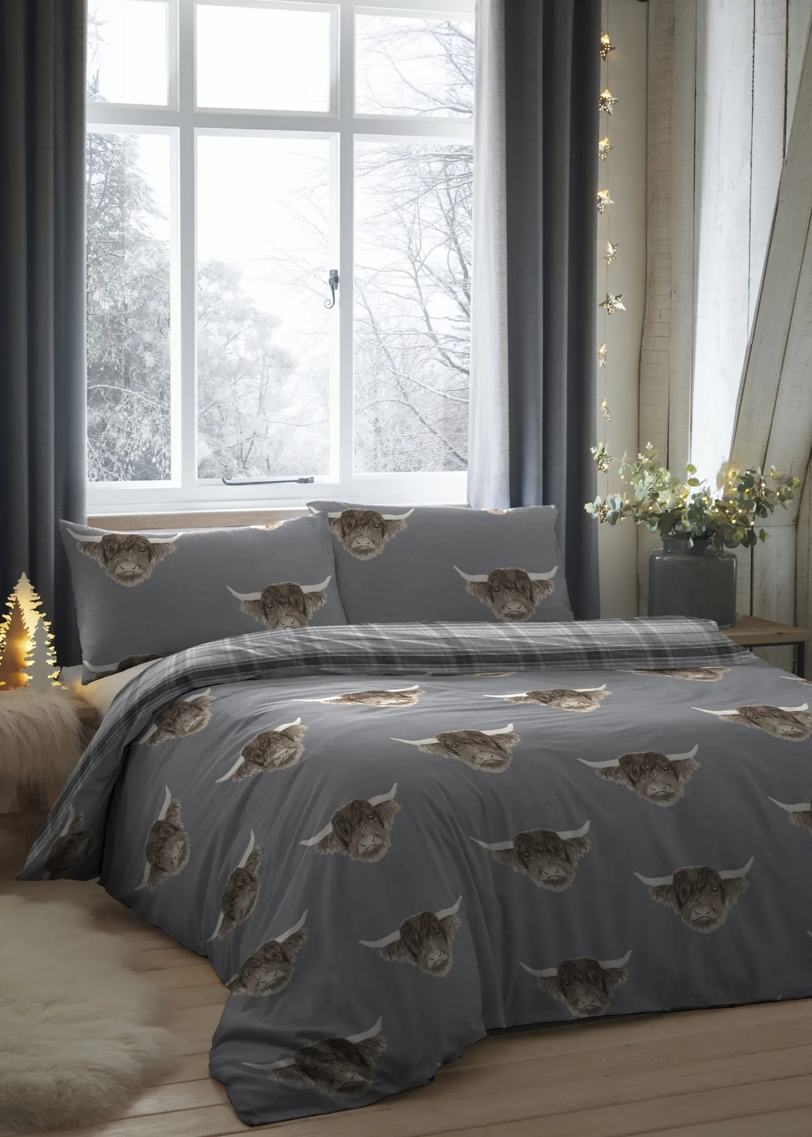 Highland Cow Single Duvet Cover Set - Grey, Polycotton product