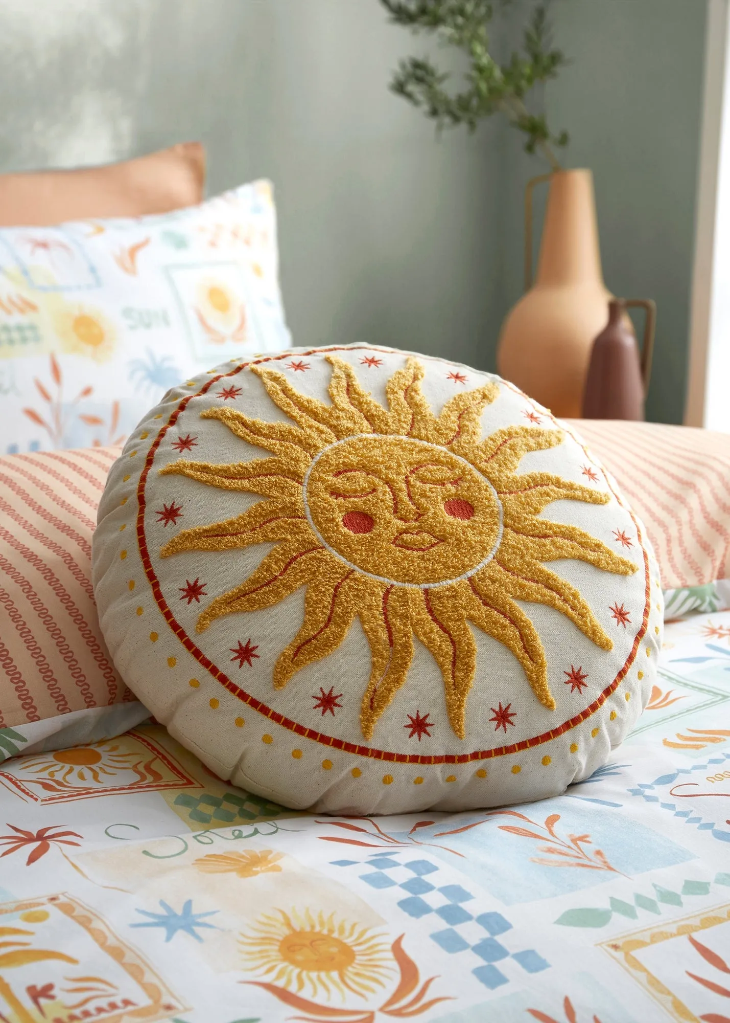 Soleil Embroidered Round Cushion - Yellow, Cotton product