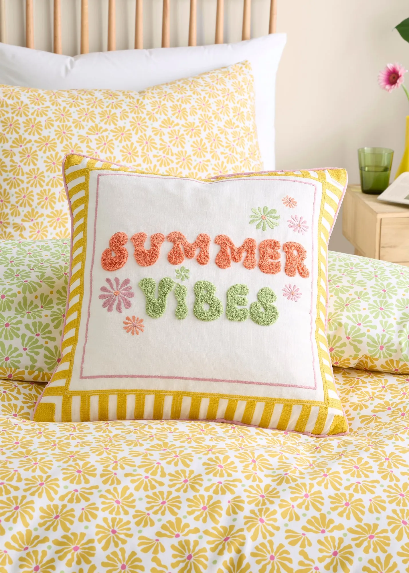 Summer Vibes Slogan Embroidered Filled Cushion - Multi, Cotton product