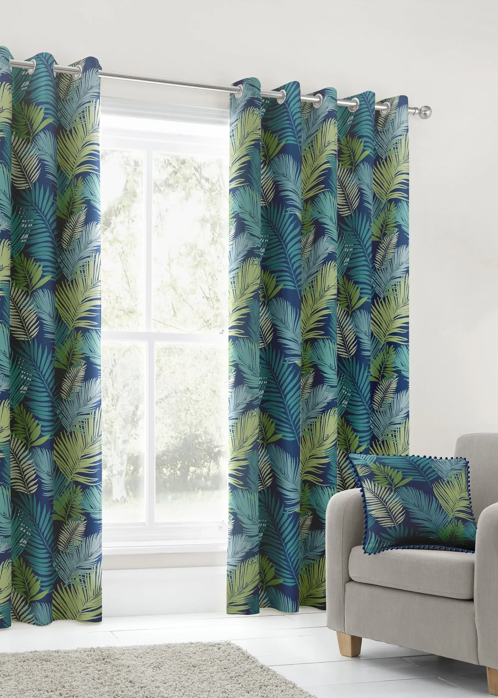 Tropical Palm Leaf Eyelet Curtains - Blue, Cotton product