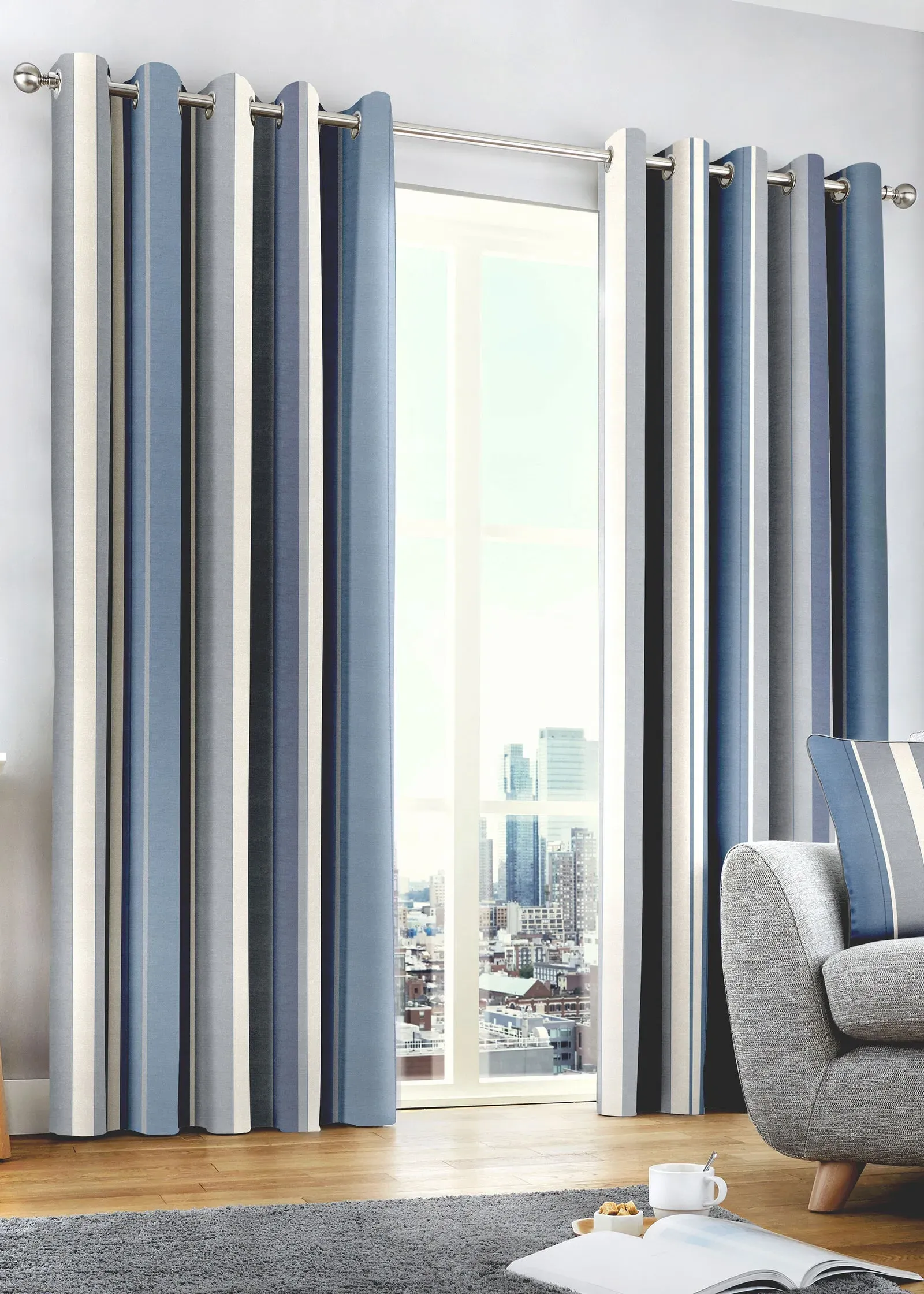 Whitworth Stripe Eyelet Curtains 46w x 54d - Blue, Polyester product