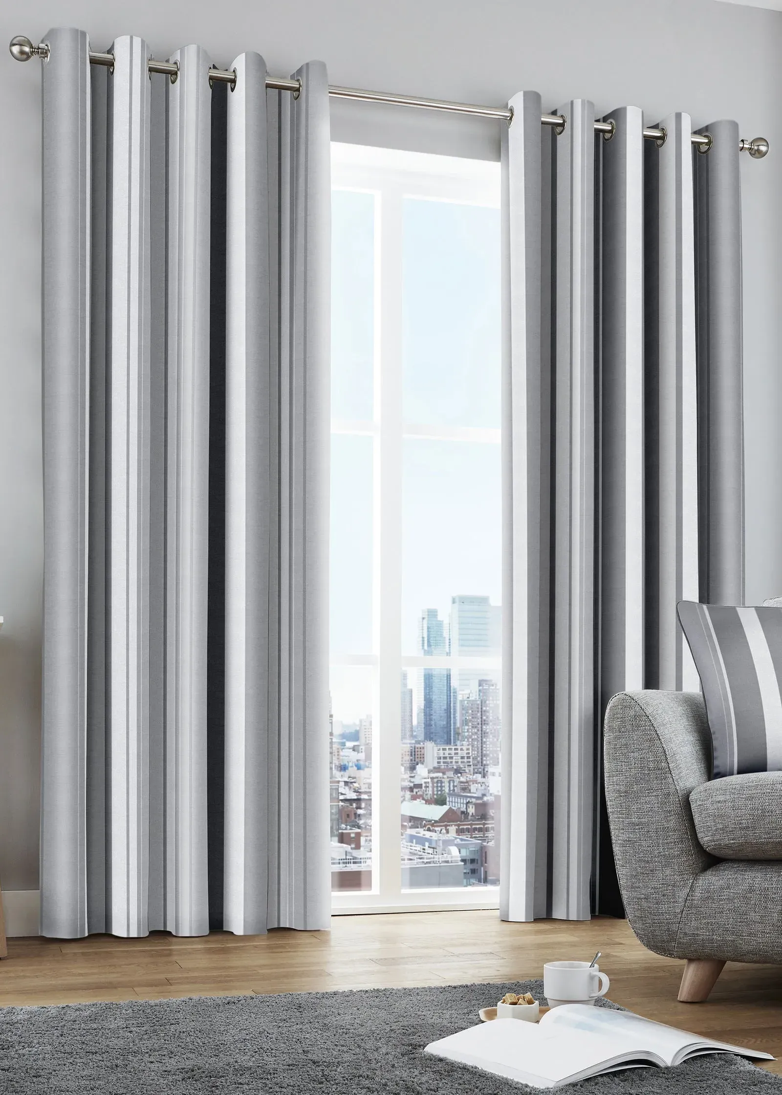 Whitworth Stripe Eyelet Curtains 46w x 54d - Grey, Cotton product