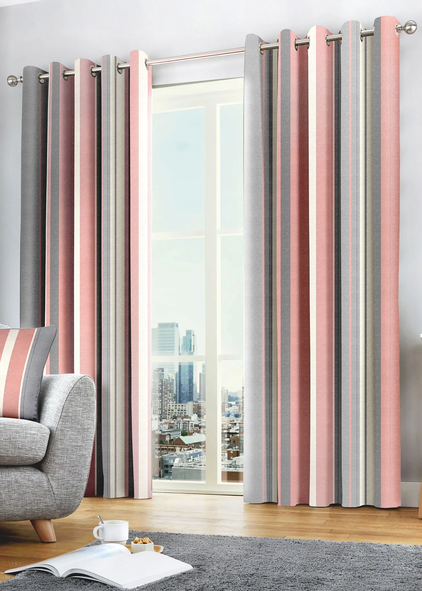 Whitworth Stripe Eyelet Curtains 46w x 54d - Pink, Polyester product