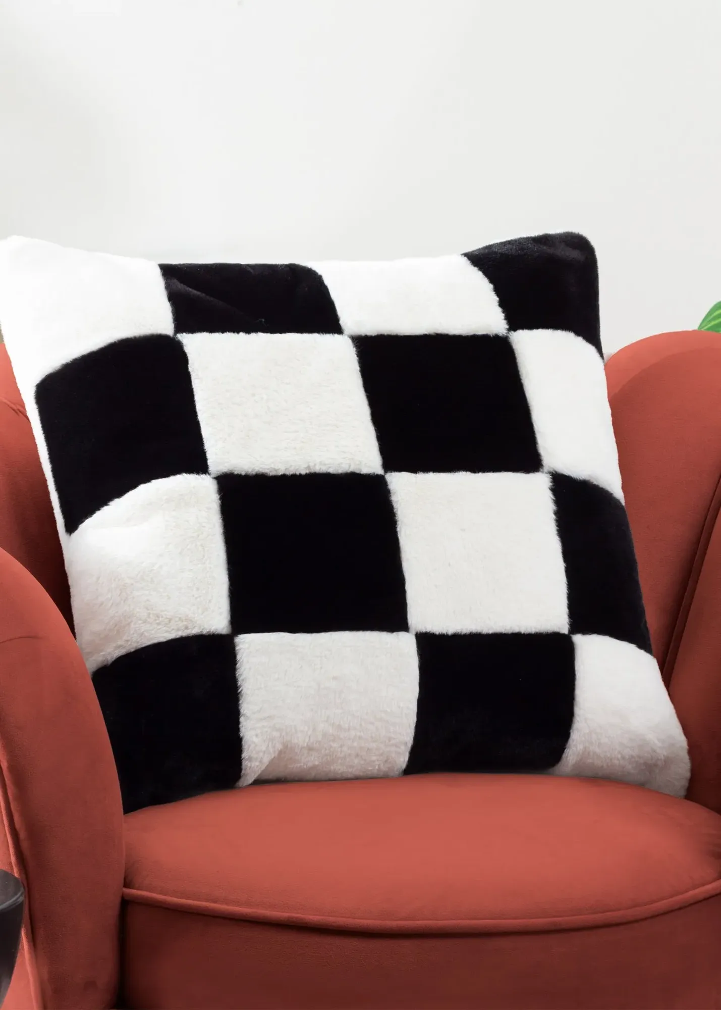 Cozee Check Faux Fur Filled Cushion - Black, Polyester product
