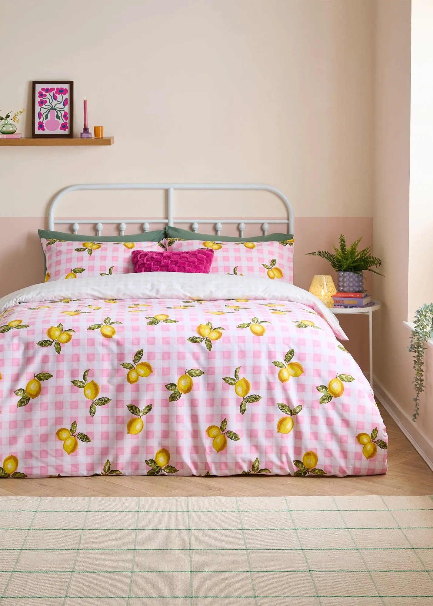 Gingham Lemons Double Reversible Duvet Cover Set - Pink product