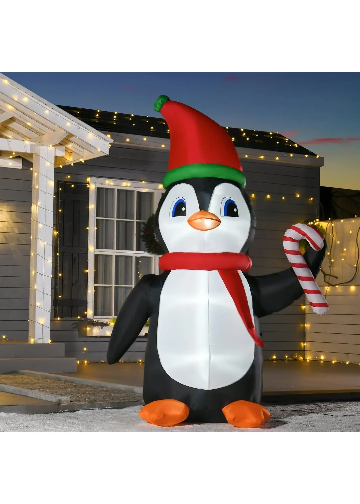 8FT Christmas Penguin Inflatable with LED Lights - Red, Polyester product