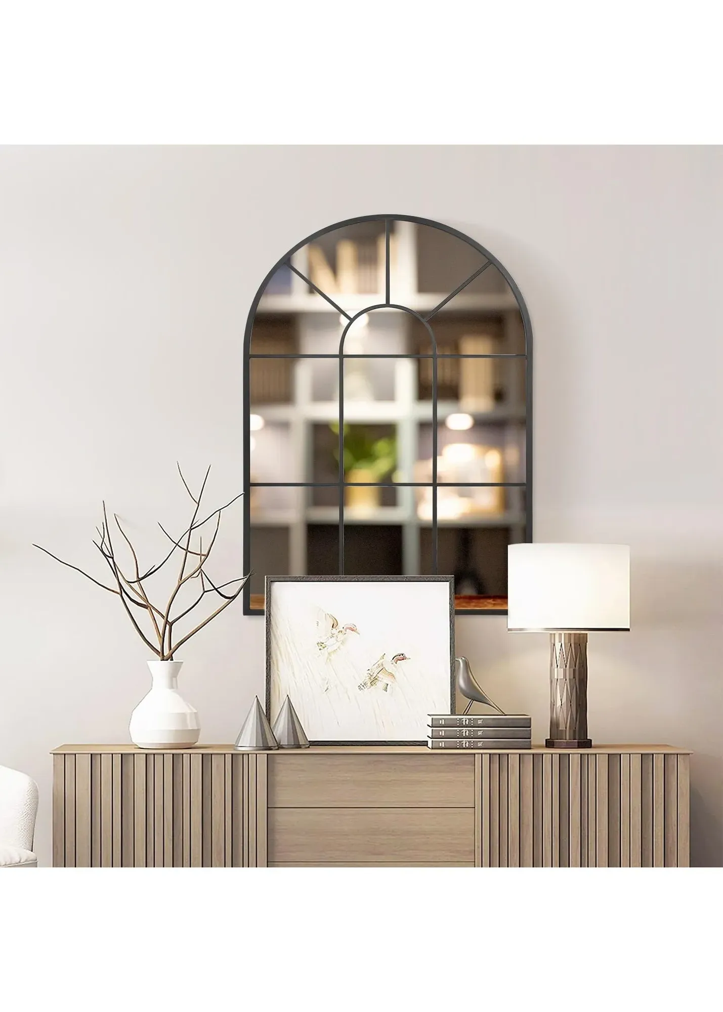 Arched Wall Mirror with Grid Detail - Black, Metal product