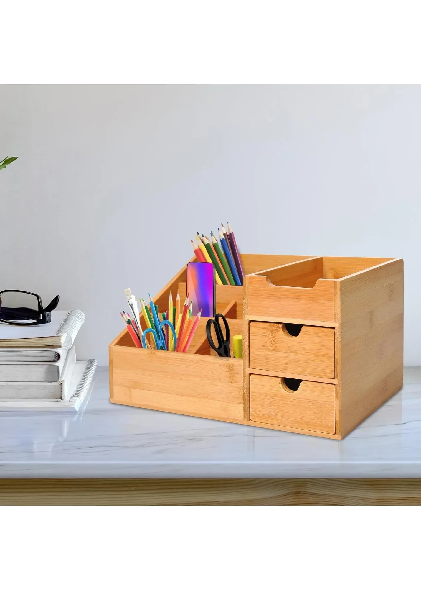Bamboo Desk Organiser with Drawers - Natural, Bamboo product