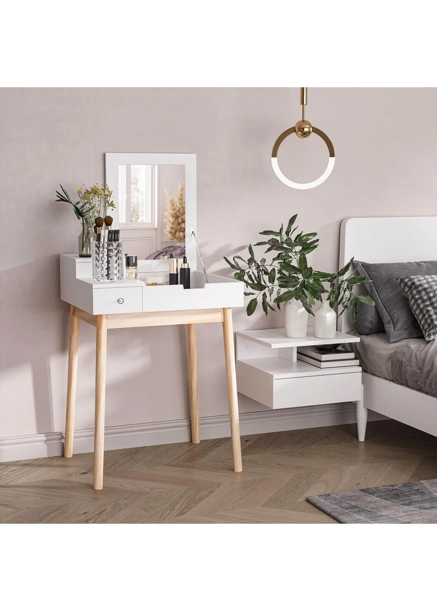Dressing Table with Flip-Top Mirror & 2 Drawers - White, MDF product