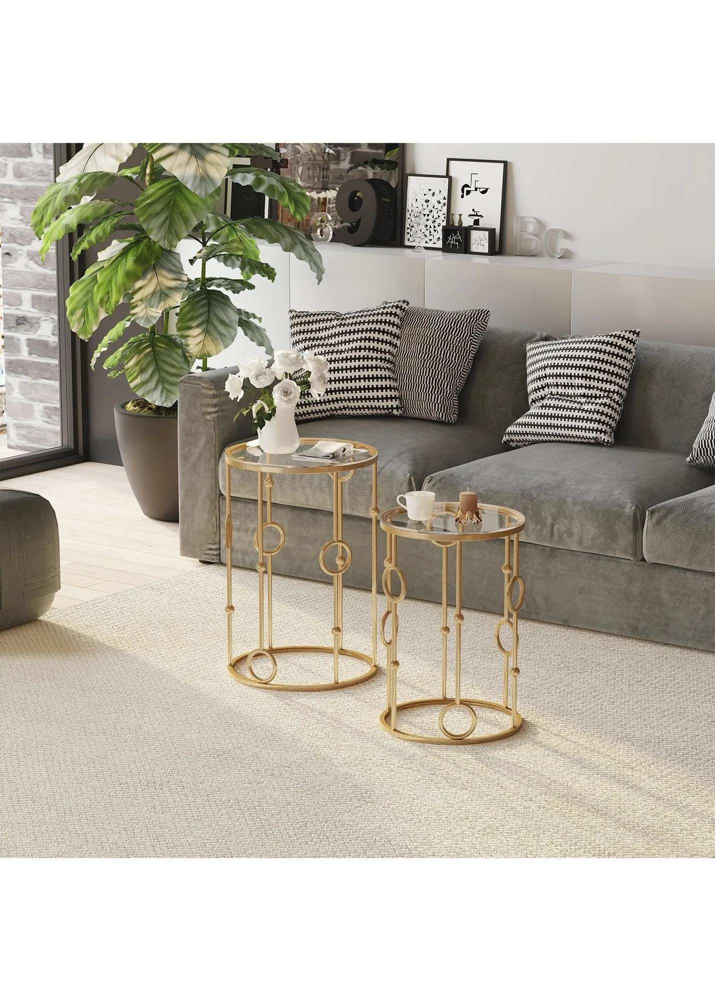 Nesting Coffee Table Set of 2 - Gold, Metal & Tempered Glass product