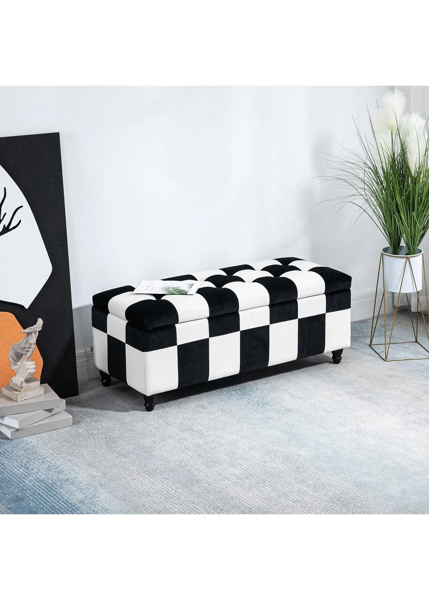 Velvet Storage Ottoman - White & Black, Polyester product